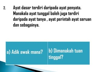 2.      Ayat dasar terdiri daripada ayat penyata.
        Manakala ayat tunggal boleh juga terdiri
        daripada ayat tanya , ayat perintah ayat seruan
        dan sebagainya.

                Contoh : ayat tanya

     a) Adik awak mana?      b) Dimanakah tuan
                             tinggal?
 