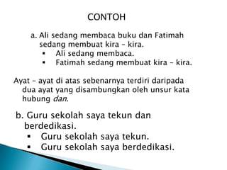 CONTOH

    a. Ali sedang membaca buku dan Fatimah
       sedang membuat kira – kira.
         Ali sedang membaca.
         Fatimah sedang membuat kira – kira.

Ayat – ayat di atas sebenarnya terdiri daripada
  dua ayat yang disambungkan oleh unsur kata
  hubung dan.

b. Guru sekolah saya tekun dan
  berdedikasi.
    Guru sekolah saya tekun.
    Guru sekolah saya berdedikasi.
 