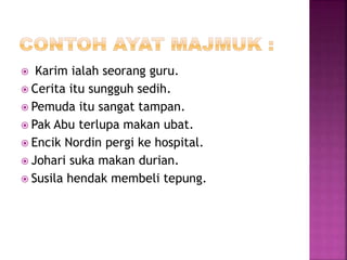  Karim ialah seorang guru.
 Cerita itu sungguh sedih.
 Pemuda itu sangat tampan.
 Pak Abu terlupa makan ubat.
 Encik Nordin pergi ke hospital.
 Johari suka makan durian.
 Susila hendak membeli tepung.
 