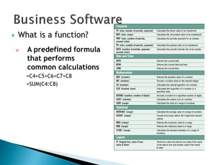  What is a function?
 A predefined formula
that performs
common calculations
=C4+C5+C6+C7+C8
=SUM(C4:C8)
 