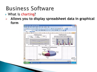 What is charting?
 Allows you to display spreadsheet data in graphical
form
 