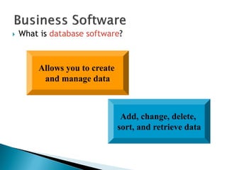  What is database software?
Allows you to create
and manage data
Add, change, delete,
sort, and retrieve data
 