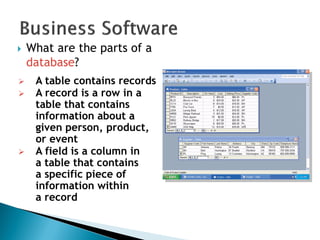  What are the parts of a
database?
 A table contains records
 A record is a row in a
table that contains
information about a
given person, product,
or event
 A field is a column in
a table that contains
a specific piece of
information within
a record
 