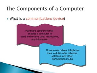  What is a communications device?
Hardware component that
enables a computer to
send and receive data, instructions,
and information
Occurs over cables, telephone
lines, cellular radio networks,
satellites, and other
transmission media
 