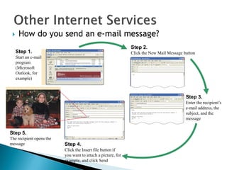  How do you send an e-mail message?
Step 1.
Start an e-mail
program
(Microsoft
Outlook, for
example)
Step 2.
Click the New Mail Message button
Step 3.
Enter the recipient’s
e-mail address, the
subject, and the
message
Step 4.
Click the Insert file button if
you want to attach a picture, for
example, and click Send
Step 5.
The recipient opens the
message
 