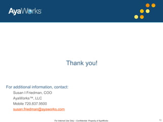 13
Thank you!
For additional information, contact:
Susan I Friedman, COO
AyaWorks™, LLC
Mobile 720.837.9500
susan.friedman@ayaworks.com
For Internal Use Only – Confidential. Property of AyaWorks
 