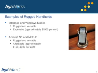 5
 Intermec and Windows Mobile
 Rugged and versatile
 Expensive (approximately $1500 per unit)
 Android N5 and Moto E
 Rugged and versatile
 Affordable (approximately
$129–$399 per unit)
Examples of Rugged Handhelds
 