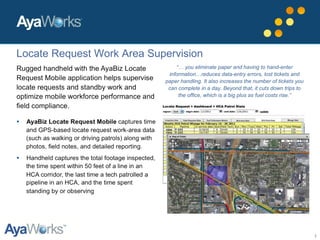 7
“… you eliminate paper and having to hand-enter
information…reduces data-entry errors, lost tickets and
paper handling. It also increases the number of tickets you
can complete in a day. Beyond that, it cuts down trips to
the office, which is a big plus as fuel costs rise.”
Locate Request Work Area Supervision
 