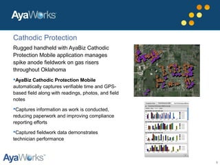 9
Rugged handheld with AyaBiz Cathodic
Protection Mobile application manages
spike anode fieldwork on gas risers
throughout Oklahoma
AyaBiz Cathodic Protection Mobile
automatically captures verifiable time and GPS-
based field along with readings, photos, and field
notes
Captures information as work is conducted,
reducing paperwork and improving compliance
reporting efforts
Captured fieldwork data demonstrates
technician performance
Cathodic Protection
 