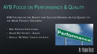 AYB FOCUS ON PERFORMANCE & QUALITY
AYB FOCUSES ON THE REALITY THAT SUCCESS DEPENDS ON THE QUALITY OF
THE WORK PRODUCT DELI...