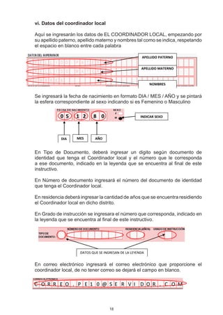 i. Datos del coordinador local
v

Aquí se ingresarán los datos de EL COORDINADOR LOCAL, empezando por
su apellido paterno, apellido materno y nombres tal como se indica, respetando
el espacio en blanco entre cada palabra

                                                      APELLIDO PATERNO


                                                      APELLIDO MATERNO



                                                           NOMBRES


Se ingresará la fecha de nacimiento en formato DIA / MES / AÑO y se pintará
la esfera correspondiente al sexo indicando si es Femenino o Masculino

            0 5    1 2      8 0                       INDICAR SEXO




            DIA    MES       AÑO


En Tipo de Documento, deberá ingresar un digito según documento de
identidad que tenga el Coordinador local y el número que le corresponda
a ese documento, indicado en la leyenda que se encuentra al final de este
instructivo.

En Número de documento ingresará el número del documento de identidad
que tenga el Coordinador local.

En residencia deberá ingresar la cantidad de años que se encuentra residiendo
el Coordinador local en dicho distrito.

En Grado de instrucción se ingresara el número que corresponda, indicado en
la leyenda que se encuentra al final de este instructivo.




                     DATOS QUE SE INGRESAN DE LA LEYENDA


En correo electrónico ingresará el correo electrónico que proporcione el
coordinador local, de no tener correo se dejará el campo en blanco.

C O R R E O . P E 1 0 @ S E R V I D O R . C O M



                                     18
 