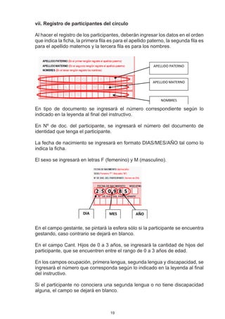 ii. Registro de participantes del círculo
v

Al hacer el registro de los participantes, deberán ingresar los datos en el orden
que indica la ficha, la primera fila es para el apellido paterno, la segunda fila es
para el apellido maternos y la tercera fila es para los nombres.


                                                           APELLIDO PATERNO



                                                          APELLIDO MATERNO



                                                              NOMBRES

En tipo de documento se ingresará el número correspondiente según lo
indicado en la leyenda al final del instructivo.

En Nº de doc. del participante, se ingresará el número del documento de
identidad que tenga el participante.

La fecha de nacimiento se ingresará en formato DIAS/MES/AÑO tal como lo
indica la ficha.

El sexo se ingresará en letras F (femenino) y M (masculino).




                              2 5 0 9 8 5


                       DIA           MES          AÑO


En el campo gestante, se pintará la esfera sólo si la participante se encuentra
gestando, caso contrario se dejará en blanco.

En el campo Cant. Hijos de 0 a 3 años, se ingresará la cantidad de hijos del
participante, que se encuentren entre el rango de 0 a 3 años de edad.

En los campos ocupación, primera lengua, segunda lengua y discapacidad, se
ingresará el número que corresponda según lo indicado en la leyenda al final
del instructivo.

Si el participante no conociera una segunda lengua o no tiene discapacidad
alguna, el campo se dejará en blanco.



                                     19
 