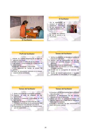 Procesos y estilos de
                                                                         El	facilitador
                                                                         aprendizaje
                                                            • Es   el responsable de
                                                             conducir el proceso de
                                                             enseñanza- aprendizaje
                                                             de los participantes del
                                                             círculo de alfabetización.


                                                            • La función del facilitador
                                                              es dar un servicio a la
                                                              comunidad.

                 El	facilitador




            Perfil	del	facilitador                                     Tareas	del	facilitador
                                                            1. Verificar la existencia de iletrados en la zona de
1. Residir de manera obligatoria en el lugar de                intervención del círculo.
   ejecución del círculo.                                   2. Verificar que los participantes con los que
2. Haber concluido el quinto año de secundaria.                cuenta son realmente iletrados ( 3 primeras
3. Ser solidario y comprometido con la tarea que va            sesiones).
   a desempeñar.                                            3. Desarrollar el total de horas de clase.
4. Ordenado, disciplinado y responsable.                    4. Llenar todos los formatos en forma correcta,
5. Tener capacidad de manejo de grupos de                      completa y oportuna.
   adultos.                                                 5. Cumplir con el cronograma de sesiones del
6. Capaz de comunicarse oralmente en la lengua                 círculo.
   originaria de los estudiantes.                           6. Ayudar de manera personalizada a aquellos
                                                               participantes con dificultades de aprendizaje.




         Procesos y estilos de                                       Procesos y estilos de
          Tareas	del	facilitador                                      Tareas	del	facilitador
              aprendizaje                                                 aprendizaje
                                                            13.Coordinar con los participantes sobre el horario
7. Asistir a reuniones de coordinación quincenal.             más adecuado.
8. Registrar el nivel de progreso de los                    14.Efectuar el reforzamiento de las sesiones
    participantes.                                            utilizando el material pertinente.
9. Promover la asistencia y puntualidad de los              15.Hacer que todos los participantes brinden sus
    participantes.                                            aportes, sugerencias e ideas para el tratamiento
10. Asegurar, al menos una efectividad del 75%.               de los ejes transversales.
11. Reforzar el aprendizaje de los participantes que        16.Recrear y desarrollar los ejes transversales a
    en la evaluación final obtengan una nota B.               partir de la propia realidad.
12. Reprogramar las sesiones que hubieran tenido
    que ser suspendidas.




                                                                                                                    4

                                                       26
 