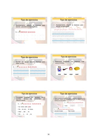 Tipo	de	ejercicios                                               Tipo	de	ejercicios

•   Aprestamiento: adquirir la destreza     para            •      Aprestamiento: adquirir la destreza para
    escribir cada letra en tipo imprenta.                          escribir la letra ligada.




           Tipo	de	ejercicios                                                Tipo	de	ejercicios

•   Escribir sin apoyo: adquirir destreza para          •        Relacionar imágenes                con     palabras:       Fijar
    trazar la letra.                                             conocimientos.




            Tipo	de	ejercicios                                              Tipo	de	ejercicios
•   Completar palabras con sonidos: ubicar
                                                        •       Repetir escritura de palabras, frases u oraciones: adiestrarse en la
    sonidos     dentro de  oraciones   por                      asociación sonora con la representación de la palabra y en la
    discernimiento.                                             escritura de textos largos.




                                                                                                                                       14

                                                   36
 