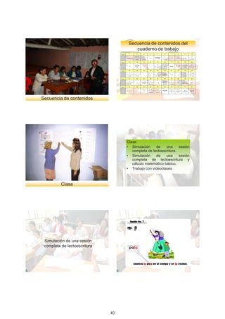 Secuencia	de	contenidos	del	
                                                   cuaderno	de	trabajo
                                   sesión        1              2            3            4              5             6              7           8               9          10

                                                             aei ou         eu                                         p                                                      d
                                                                                                   consolidació
                                            aprestamiento                                aio                                       l - inv.    n - inv.        s - inv.
                                                                                                    n	LE	y	CB
                                                              0 -10        0 - 10                                    11 - 20                                               11 - 20

                                   sesión        11            12            13           14            15             16            17           18             19          20

                                                            consolidac                                   m                                    que	/	qui	/	                  ce	-ci
                                                                                                                                                             consolidaci
                                                 ch          ión	LE	y	       y             f                           b          plurales     ca	/	co	/	
                                                                                                                                                               ón	LE
                                                                CB                                 21 - 30	prob.                                  cu                       31 - 40


                                   sesión        21            22            23           24            25             26            27           28             29          30

                                                 ñ              t                                        v                                                        g        gu	/	gü
                                                                                                                   consolidaci
                                                                              j            ll                                     r - inv.        rr
                                                                                                                   ón	LE	y	CB
                                               41 -50        51 - 60                                 61 - 70                                                   71- 80      81 - 90

                                   sesión        31            32            33           34            35             36            37           38             39          40

                                                 k                                        z                        dr - ligada        tr
                                                                         consolidaci                                                                         consolidaci
                                                                h                                      x	- w                                      pl                          bl
                                                                           ón	LE                                                                             ón	LE	y	CB
                                              91 - 100                                 decimales                   decimales     decimales

                                   sesión        41            42            43           44            45             46            47           48             49          50

                                                                                        gr	- br        cl	- fl                      CL	y	       CL	y	
                                                                                                                   consolidaci                                  CL	y	      CL	y	PR	
                                                 fr             pr           cr                                                  producció    producció
                                                                                                                       ón                                    producción    eval	LE
                                                                                       decimales     eval	CB                         n            n




Secuencia	de	contenidos




                                            Clase:
                                            • Simulación     de    una     sesión
                                               completa de lectoescritura.
                                            • Simulación     de    una     sesión
                                               completa de lectoescritura y
                                               cálculo matemático básico.
                                            • Trabajo con videoclases.



          Clase




 Simulación	de	una	sesión	
 completa	de	lectoescritura




                                                                                                                                                                                      18

                              40
 