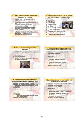 1.2	Recomendaciones	generales:                                                2.	Elementos	básicos	del	proceso	
       Durante	la	sesión                                                         de	enseñanza	- aprendizaje
 •       Motivarlos	sobre	la	importancia	de	saber	leer,	
         escribir,	sumar	y	restar.                                            1.   El	programa
 •       Orientarlos	sobre	la	forma	en	que	se	debe	usar	el	
         lápiz.
                                                                              2.   El	facilitador
 •       Fomentar	su	expresión	oral	y	escrita.                                3.   El	participante
 •       Registrar	la	asistencia	diaria.                                      4.   La	clase
 •       Estimular	la	puntualidad	y	la	asistencia	de	los	                     5.   El	cuaderno	de	trabajo
         participantes	a	las	sesiones	en	las	fechas	y	
         horarios	acordados.                                                  6.   La	guía	metodológica
 •       Propiciar	el	respeto	mutuo	y	la	disciplina	de	los	                   7.   El	cuaderno	de	ejercicios	(A4)
         participantes	en	todos	los	momentos	de	la	sesión.
 •       Desarrollar	en	la	pizarra,	junto	con	los	
                                                                              8.   La	videoclase	o	la	audioclase
         participantes,	los	ejercicios	complejos.	                            9.   Las	lecturas	de	reforzamiento




         3. Secuencia metodológica de las                                        4.	Estructura	general	de	una	sesión:	
                     sesiones                                                 lectoescritura y cálculo básico con video
     •     Estructura general de una sesión.
                                                                                   Facilitador: bienvenida y repaso de lo tratado.
          Se establece el momento en el que participa el
           facilitador y el momento en el que se hace uso de                       Videoclase: eje transversal.
           la videoclase.                                                          Facilitador: orienta debate.
     •     Esquema de tiempos                                                      Lectoescritura:
          Establece los tiempos aproximados de duración                            – Videoclase: explicación de letra en estudio.
           de cada parte de la sesión.                                             – Facilitador: desarrollo de ejercicios.
                                                                                   Cálculo básico:
                                                                                   – Videoclase: explicación de números.
                                                                                   – Facilitador: desarrollo de ejercicios.
                                                                                   Facilitador: resumen de temas.




  5.	Estructura	general	de	una	sesión:	                                       6.	Estructura	general	de	una	sesión:	sólo	
lectoescritura y cálculo básico sin video                                              lectoescritura con video
     Facilitador: bienvenida y repaso de lo tratado.
                                                                                   Facilitador: bienvenida y repaso de lo tratado.
     Facilitador: se apoya en imagen motivadora, usa
        preguntas de la guía metodológica para orientar                            Videoclase: eje transversal.
        el debate.                                                                 Facilitador: orienta el debate.
     Lectoescritura:
     – Facilitador:                                                                Lectoescritura:
          •   Usa la red del facilitador para explicar la letra o                  – Videoclase: explicación de letra en estudio
              combinación de letras en estudio.
          •   Procede a desarrollar interactivamente los ejercicios.               – Facilitador: retoma y explica nuevamente.
     Cálculo básico:                                                               – Videoclase: Desarrollo de ejercicios.
     – Facilitador:
          •   Explica la clase (reconocimiento y escritura de números)
                                                                                   – Facilitador: desarrollo de todos los
          •   Escribe y resuelve ejercicios.                                          ejercicios del cuaderno.
     Facilitador: resumen de temas                                                 Facilitador: resumen de temas.




                                                                                                                                     28


                                                                         50
 