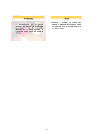 Formatos                                           Taller
                                           • Plantear 2 modelos de prueba para
La documentación que se genere               evaluar la etapa de reforzamiento de los
producto del proceso de enseñanza            participantes, tanto en lectoescritura como
aprendizaje y de la evaluación               en cálculo básico.
(Formato Nº 13) serán enviados al
PRONAMA en los plazos que indica la
directiva.




                                                                                           33


                                      55
 