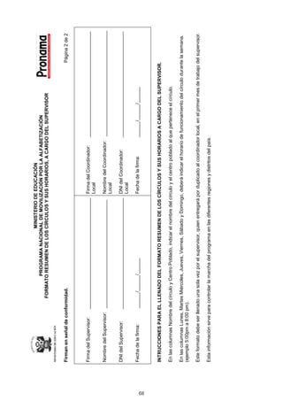 MINISTERIO DE EDUCACIÓN
                                          PROGRAMA NACIONAL DE MOVILIZACIÓN POR LA ALFABETIZACIÓN
                                   FORMATO RESUMEN DE LOS CÍRCULOS Y SUS HORARIOS, A CARGO DEL SUPERVISOR



     Firman en señal de conformidad.                                                                                                               Página	2	de	2



     Firma	del	Supervisor:						__________________________________________ Firma	del	Coordinador:						________________________________________
                                                                           Local

     Nombre	del	Supervisor:			_________________________________________               Nombre	del	Coordinador:			________________________________________
                                                                                      Local

     DNI	del	Supervisor:									__________________________________________ DNI	del	Coordinador:									________________________________________
                                                                            Local

     Fecha	de	la	firma:												______/______/______                               Fecha	de	la	firma:														______/______/______




68
     INTRUCCIONES PARA EL LLENADO DEL FORMATO RESUMEN DE LOS CÍRCULOS Y SUS HORARIOS A CARGO DEL SUPERVISOR.

     En	las	columnas	Nombre	del	círculo	y	Centro	Poblado,	indicar	el	nombre	del	círculo	y	el	centro	poblado	al	que	pertenece	el	círculo.

     En	las	columnas	Lunes,	Martes	Miércoles,	Jueves,	Viernes,	Sábado	y	Domingo,	deberá	indicar	el	horario	de	funcionamiento	del	círculo	durante	la	semana.	
     (ejemplo	5:00pm	a	8:00	pm).

     Este	formato	debe	ser	llenado	una	sola	vez	por	el	supervisor,	quien	entregará	por	duplicado	al	coordinador	local,	en	el	primer	mes	de	trabajo	del	supervisor.

     Esta	información	sirve	para	controlar	la	marcha	del	programa	en	las	diferentes	regiones	y	distritos	del	país.
 