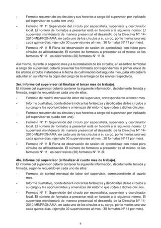 -	     Formato resumen de los círculos y sus horarios a cargo del supervisor, por triplicado
       (el supervisor se queda con uno).
-	     Formato Nº 11 Supervisión del círculo por especialista, supervisor y coordinador
       local. El número de formatos a presentar está en función a la siguiente norma: El
       supervisor monitoreará de manera presencial el desarrollo de la Directiva Nº 14-
       2010-ME/PRONAMA, en cada uno de los círculos a su cargo, por lo menos una vez
       cada quince días. (ejemplo 30 supervisiones al mes : 30 formatos Nº 11 por mes).
-	     Formato Nº 11 B Ficha de observación de sesión de aprendizaje con video para
       círculos de alfabetización. El número de formatos a presentar es el mismo de los
       formatos N° 11,  es decir treinta (30) formatos N° 11-B.

Así mismo, durante el segundo mes y a la instalación de los círculos, en el ámbito territorial
a cargo del supervisor, deberá presentar los formatos correspondientes al primer envío de
los últimos círculos instalados a la fecha de culminación del segundo mes, para ello deberá
adjuntar en su informe la copia del cargo de la entrega de los envíos respectivos.

3er. Informe del supervisor (al finalizar el tercer mes de trabajo).
El informe del supervisor deberá contener la siguiente información, debidamente llenada y
firmada, según lo requerido en cada uno de ellos:
-	     Formato de control mensual de labor del supervisor, correspondiente al tercer mes.
-	     Informe cualitativo, donde deberá indicar las fortalezas y debilidades de los círculos a
       su cargo y las oportunidades y amenazas del entorno que rodea a dichos círculos.
-	     Formato resumen de los círculos y sus horarios a cargo del supervisor, por triplicado
       (el supervisor se queda con uno).
-	     Formato Nº 11 Supervisión del círculo por especialista, supervisor y coordinador
       local. El número de formatos a presentar está en función a la siguiente norma: El
       supervisor monitoreará de manera presencial el desarrollo de la Directiva Nº 14-
       2010-ME/PRONAMA, en cada uno de los círculos a su cargo, por lo menos una vez
       cada quince días. (ejemplo 30 supervisiones al mes : 30 formatos Nº 11 por mes).
-	     Formato Nº 11 B Ficha de observación de sesión de aprendizaje con video para
       círculos de alfabetización. El número de formatos a presentar es el mismo de los
       formatos N° 11,  es decir treinta (30) formatos N° 11-B.

4to. Informe del supervisor (al finalizar el cuarto mes de trabajo).
El informe del supervisor deberá contener la siguiente información, debidamente llenada y
firmada, según lo requerido en cada uno de ellos:
-	     Formato de control mensual de labor del supervisor, correspondiente al cuarto
       mes.
-	     Informe cualitativo, donde deberá indicar las fortalezas y debilidades de los círculos a
       su cargo y las oportunidades y amenazas del entorno que rodea a dichos círculos.
-	     Formato Nº 11 Supervisión del círculo por especialista, supervisor y coordinador
       local. El número de formatos a presentar está en función a la siguiente norma: El
       supervisor monitoreará de manera presencial el desarrollo de la Directiva Nº 14-
       2010-ME/PRONAMA, en cada uno de los círculos a su cargo, por lo menos una vez
       cada quince días. (ejemplo 30 supervisiones al mes : 30 formatos Nº 11 por mes).



                                              9
 