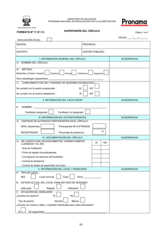 MINISTERIO	DE	EDUCACIÓN
                                        PROGRAMA	NACIONAL	DE	MOVILIZACIÓN	POR	LA	ALFABETIZACIÓN




FORMATO Nº 11 (F-11)                                       SUPERVISIÓN DEL CÍRCULO
                                                                                                                             Página	1 de 2

                                                                                                                FECHA:	____/____/_______
 MOVILIZACIÓN	SOCIAL

REGIÓN	:                                                                           PROVINCIA	:	


DISTRITO	:                                                                         CENTRO	POBLADO	:		


                             I.	INFORMACIÓN	GENERAL	DEL	CÍRCULO                                                   SUGERENCIAS
A.    NOMBRE	DEL	CÍRCULO	:

B.     MÉTODO.
Aprender	y	Crecer:	Español												Quechua											Aimara			          Asháninca												Aguaruna

Otra	metodología	/(especificar)	___________________________________________	
C.     CUMPLIMIENTO	DE	DÍA	Y	HORARIO	DE	SESIONES	ESTABLECIDO	:

Se	cumplió	con	la	sesión	programada		:																																			SI             NO	

Se	cumplió	con	el	horario	establecido	:																																					SI          NO	

                                 II.	INFORMACIÓN	DEL	FACILITADOR                                                  SUGERENCIAS


A.					NOMBRE	:	_________________________________________________________

           Facilitador	designado	                   Facilitador	no	designado	

                            III.	INFORMACIÓN	DE	LOS	PARTICIPANTES                                                 SUGERENCIAS
A.    CANTIDAD	DE	ILETRADOS	PARTICIPANTES	EN	EL	CÍRCULO	:			

     REAL	(Asistentes)																														Participantes	NO	ILETRADOS

                                                                                                      %
     REGISTRADOS																																	Porcentaje	de	asistencia		:	

                                 IV.	DOCUMENTACIÓN	DEL	CÍRCULO                                                    SUGERENCIAS
A.    SE	CUENTA	CON	LOS	DOCUMENTOS		CORRECTAMENTE	
                                                                                               SI          NO
      LLENADOS	Y	AL	DÍA:
     - Acta	de	Instalación
     - Ficha	de	registro	de	participantes
     - Cronograma	de	sesiones	del	Facilitador
     - Control	de Asistencia
     - Control	de	visitas	de	supervisión	al	círculo
                           V.	INFORMACIÓN	DEL	LOCAL	Y	MOBILIARIO	                                                 SUGERENCIAS
A.   TIPO	DE	LOCAL	:
     IIEE																						Local	comunal														Casa														Otros	______________

B.   ESTADO	ACTUAL	DEL	LOCAL	PARA	DICTADO	DE	SESIONES	

     Adecuado																								Regular																					Deficiente
C.   SITUACIÓN	DEL	MOBILIARIO
¿Cuenta	con	pizarra?:																						Si																								No	

  Tipo	de	pizarra:																										   Normal															Blanca	
¿Cuenta	con	mesas	y	sillas,	o	carpetas	individuales	para	cada	participante?	

  Si													No	(especificar)	________________________________________________




                                                                              93
 