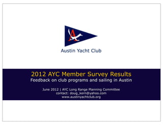 Austin Yacht Club




2012 AYC Member Survey Results
Feedback on club programs and sailing in Austin

     June 2012 | AYC Long Range Planning Committee
             contact: doug_kern@yahoo.com
                 www.austinyachtclub.org
 