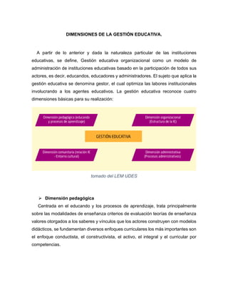 DIMENSIONES DE LA GESTIÓN EDUCATIVA.
A partir de lo anterior y dada la naturaleza particular de las instituciones
educativas, se define, Gestión educativa organizacional como un modelo de
administración de instituciones educativas basado en la participación de todos sus
actores, es decir, educandos, educadores y administradores. El sujeto que aplica la
gestión educativa se denomina gestor, el cual optimiza las labores institucionales
involucrando a los agentes educativos. La gestión educativa reconoce cuatro
dimensiones básicas para su realización:
tomado del LEM UDES
➢ Dimensión pedagógica
Centrada en el educando y los procesos de aprendizaje, trata principalmente
sobre las modalidades de enseñanza criterios de evaluación teorías de enseñanza
valores otorgados a los saberes y vínculos que los actores construyen con modelos
didácticos, se fundamentan diversos enfoques curriculares los más importantes son
el enfoque conductista, el constructivista, el activo, el integral y el curricular por
competencias.
 