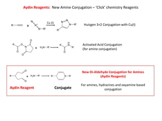 Aydin Reagents: New Amine Conjugation – ‘Click’ chemistry Reagents
Huisgen 3+2 Conjugation with Cu(I)
Activated Acid Conjugation
(for amine conjugation)
New Di-Aldehyde Conjugation for Amines
(Aydin Reagents)
For amines, hydrazines and oxyamine based
conjugation
+
Cu (I)
+
+
Aydin Reagent Conjugate
 