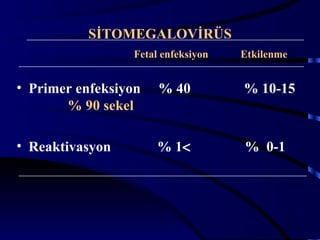 SİTOMEGALOVİRÜS
                 Fetal enfeksiyon   Etkilenme


• Primer enfeksiyon   % 40          % 10-15
       % 90 sekel

• Reaktivasyon        % 1<          % 0-1




                                            18
 