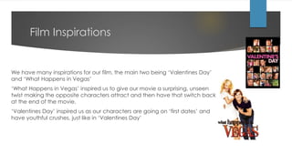 Film Inspirations
We have many inspirations for our film, the main two being ‘Valentines Day’
and ‘What Happens in Vegas’
‘What Happens in Vegas’ inspired us to give our movie a surprising, unseen
twist making the opposite characters attract and then have that switch back
at the end of the movie.
‘Valentines Day’ inspired us as our characters are going on ‘first dates’ and
have youthful crushes, just like in ‘Valentines Day’
 