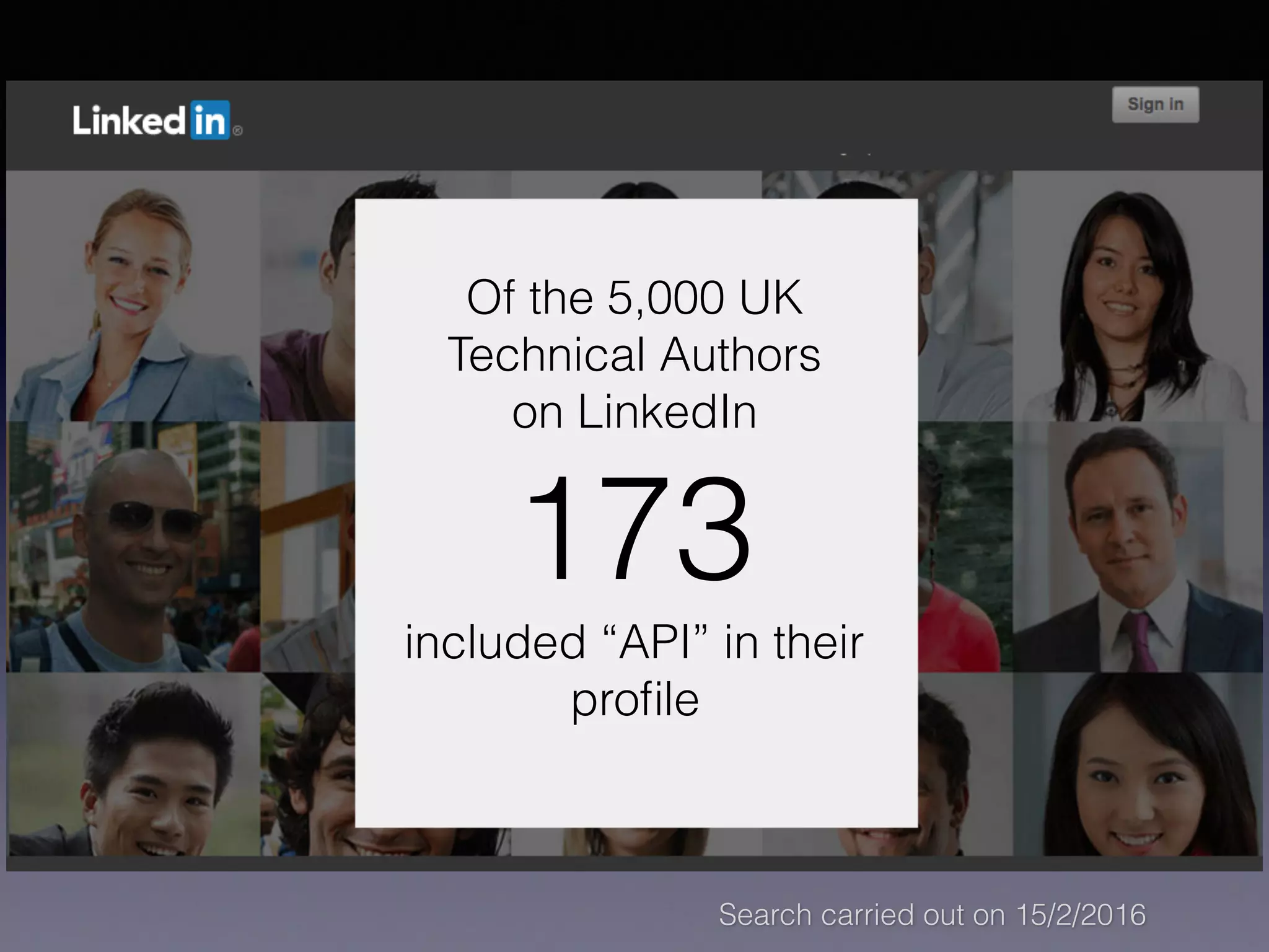 Search carried out on 15/2/2016
Of the 5,000 UK
Technical Authors
on LinkedIn
173
included “API” in their
proﬁle
 