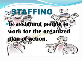 o STAFFING
Is assigning people to
work for the organized
plan of action.
 