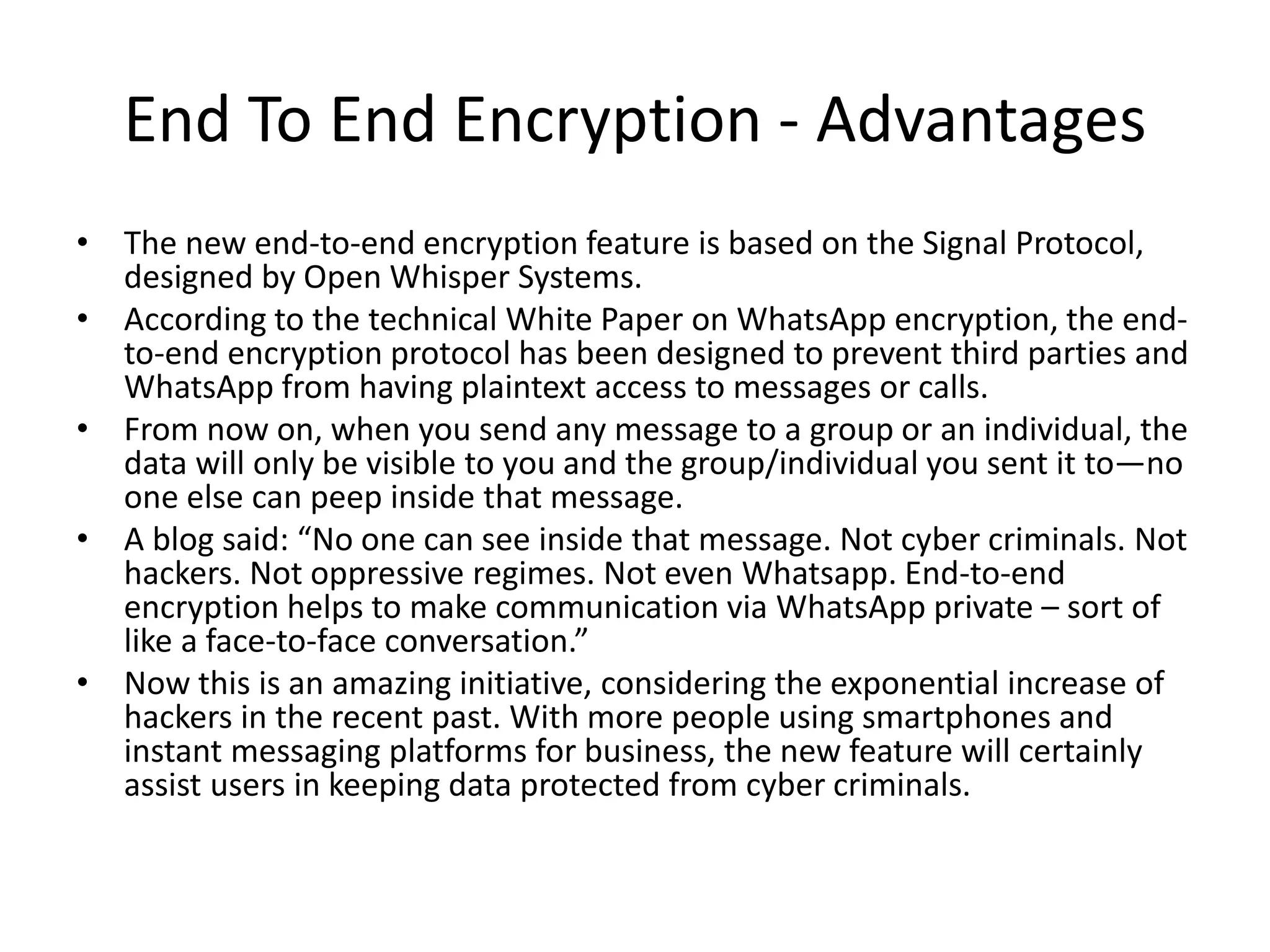 Review on Whatsapp's End to End encryption and Facebook integration | PPTX