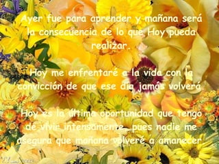 Ayer fue para aprender y mañana será la consecuencia de lo que Hoy pueda realizar. Hoy me enfrentaré a la vida con la convicción de que  ese  día jamás volverá. Hoy es la última oportunidad que tengo de vivir intensamente, pues nadie me asegura que mañana volveré a amanecer. 