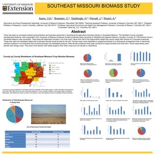 SOUTHEAST MISSOURI BIOMASS STUDY

                                                                      Ayers,      V.H. 1;   Boessen,      C.2;   Gedikogle,                                                   H.3;                        Parcell,                                          J.4;      Roach,                                                                                                       A.5

 1Agricultureand Rural Development Specialist, University of Missouri Extension, Bloomfield, MO 63825; 2Teaching Assistant Professor, University of Missouri Columbia, MO 65211; 3Assistant
 Professor of Research, Lincoln University, Jefferson City, MO 65101; 4Professor, Agriculture Economics and State Farm Management Extension, University of Missouri, Columbia, MO 65211;
                                                                       5Consultant, Value Ag. LLC, Columbia, MO, 65211



                                                                                                                 Abstract
  There has been an increased interest among farmers and business personnel in developing the agriculture biomass industry in Southeast Missouri. The Stoddard County Industrial
  Development Authority, with cooperation from University of Missouri Extension funded a biomass study, focusing on Stoddard and adjacent Missouri counties. A survey of 1755 farmers living in
  Southeast Missouri was conducted. There were 68 responses included in the final report. More than half of the respondents stated they would supply field residue for a biomass enterprise.
  Those who were not interested stated that a biomass harvest would be bad for the soil. Farmers were more interested in supplying biomass by a contractual arrangement than in becoming
  member-investors in an enterprise that converts biomass into renewable products. Most farmers preferred three year contracts to supply biomass from their farm. Some respondents were
  familiar with energy crops. They were more familiar with sweet sorghum than other crops such as triticale or miscanthus.

                                                                                                                                                                                                                                                                                                                                                                                                                                                                                     60%                                          57.1%                              56.3%
                                                                                                                                                                                                                                                                                                                                                                                                                                                                                                  52.6%                                            51.1%
                                                                                                                                                                                                                                                                                               120%                                                                                                                                                                                                               49.6%
                                                                                                                                                                                                                                                                                                                                                                                                                                                                                     50%                                                                                             47.7%




                                                                                                                                                                                                                                                                                                                                                                                                                                                  % of Residue Preferred to Remove
                                                                                                                                                                                                  No response                                                                                                                                                                                                       100.00%
                                                                                                                                                                                                      3%                                                                                       100%
                                                                                                                                                                                                                                                                                                                                                                                                                                                                                     40%




                                                                                                                                                                                                                                                                      Percent of Respondents
                                                                                                                                                                                                                                                                                                 80%


 County by County Breakdown of Southeast Missouri Crop Residue Biomass                                                                                                            No
                                                                                                                                                                                                        Yes
                                                                                                                                                                                                                                                                                                 60%
                                                                                                                                                                                                                                                                                                                                                                                                                                                                                     30%


                                                                                                                                                                                                                                                                                                                                                                                                                                                                                     20%
                                                                                                                                                                                 43%                                                                                                             40%
                                                                                                                                                                                                        54%
                                                                                                                                                                                                                                                                                                                                                                                                                                                                                     10%
                                                                                                                                                                                                                                                                                                 20%
                                                                                                                                                                                                                                                                                                                                                                        9.09%

                                                                                                                                                                                                                                                                                                                      0%                                                                                                                                                             0%
                                                                                                                                                                                                                                                                                                                                                    I earn sufficient farm income now.                  It's not good for my ground.                                                               Corn          Soybeans         Wheat          Forage/Hay          Rice            Cotton



                                                                                                                            Would you be willing to provide                                                                                                                                    Why aren’t you interested in providing                                                                                                                                    Percent of residue you would prefer to remove
                                                                                                                            field residue for bioenergy production?                                                                                                                            field residue for bioenergy production?                                                                                                                                   From field.


                                                                                                                                                                                                                                                                                                                                                                                                                                                                                                                    No
                                                                                                                                                                                                                                                                                                                                                                                                                                                                                                                 response
                                                                                                                                                                                                                                                                                                                                                                                                                                                                                                                    6%
                                                                                                                                                                                                                                                                                                                                                                                              No
                                                                                                                                                                                          No                                                                                                                                                                                               response
                                                                                                                                                                                       response                                                                                                                                                                                              12%
                                                                                                                                                                                         10%

                                                                                                                                                                                                         Yes                                                                                                                                                                                                                                                                                                                 No
                                                                                                                                                                                                         38%                                                                                                                                                              No                                                                                                                                                32%
                                                                                                                                                                                                                                                                                                                                                                                                Yes
                                                                                                                                                                                                                                                                                                                                                                         54%                                                                                                                                                                      Yes
                                                                                                                                                                                                                                                                                                                                                                                                34%
                                                                                                                                                                                                                                                                                                                                                                                                                                                                                                                                                  62%
                                                                                                                                                                                       No
                                                                                                                                                                                      52%




                                                                                                                            Would you be willing to become a member                                                                                                                            Would you be willing to become a member                                                                                                                                                          Would you be willing to contract to a
                                                                                                                            investor of a business that converts biomass                                                                                                                       investor of a firm that converts biomass                                                                                                                                                         processor if given adequate information
                                                                                                                            to methane and electricity?                                                                                                                                        to ethanol?                                                                                                                                                                                      And compensation?




                                                                                                                                                                     70%                                                                                                                                                                14                      13                                                                                                                              $300

                                                                                                                                                                                            58.1%                                                                                                                                                                                                                                                                                                                                                                    $250




                                                                                                                                                                                                                                                                                                Respondents Familiar with Energy Crop
                                                                                                                                                                     60%                                                                                                                                                                12
                                                                                                                                                                                                                                                                                                                                                                                                                                                                                                $250
A county-by-county breakdown of biomass resources available in the project region. In total, the region has access to                                                50%                                                                                                                                                                10
                                                                                                                                                                                                                                                                                                                                                                                                                                                                                                          $221
                                                                                                                             Percent of Respondents




                                                                                                                                                                                                                                                                                                                                                                                                                                                                                                $200                                                    $185
more than 768 million bone dry tons of biomass feedstock. Of the counties included in the project region, Stoddard,                                                  40%                                                                                                                                                                    8                                                              7




                                                                                                                                                                                                                                                                                                                                                                                                                                                                                       $/acre
                                                                                                                                                                            32.6%                                                                                                                                                                                                                                                                                                               $150                      $138          $137
                                                                                                                                                                                                                                                                                                                                                                                     6
Mississippi, New Madrid and Scott counties in the Missouri have the highest amounts of available biomass residues.                                                   30%                                                                                                                                                                    6
                                                                                                                                                                                                                                                                                                                                                                                                                                                                                                $100
                                                                                                                                                                                                                                                                                                                                                                                                                                                                                                                                                                                    $100

                                                                                                                                                                     20%                                                                                                                                                                    4                                                                                       3
                                                                                                                                                                                                                                                                                                                                                                                                                                                                                                 $50
                                                                                                                                                                     10%                                      7.0%                                                                                                                          2
                                                                                                                                                                                                                                                         2.3%
                                                                                                                                                                                                                              0.0%          0.0%                                                                                                                                                                                                                                                  $0
                                                                                                                                                                      0%                                                                                                                                                                    0
                                                                                                                                                                                                                                                                                                                                                      Sweet sorghum              Miscanthus             Triticale             Others*                                                                     Corn        Soybeans       Wheat         Hay/Forage        Rice           Cotton
                                                                                                                                                                           One year      Three years      Five years       Seven years    Nine years   More than
                                                                                                                                                                                                                                                       nine years



Distribution of Total Biomass Resources                                                                                     What length of contract would you prefer?                                                                                                                                               Energy crops in which respondents were familiar.                                                                                                                            Respondents’ average expected compensation
                                                                                                                                                                                                                                                                                                                                                                                                                                                                                                per acre for harvesting, storing and providing
           in Study Area                                                                                                                                                                                                                                                                                                                                                                                                                                                                        field residue to a bioenergy producer.
                                                                                                                                                                      18                                                                                   17
            Logging Residues
                 0.31%                                                                                                                                                16                                15                                                                                                                                      $300                                                                                                                                            $140

                                                                                                                                                                                                                                                                                                                                                                                                                                $250                                                                                                                                        $119
                                                                                                                                                                      14                                                                                                                                                                                                                                                                                                                        $120
                                                                                                                                                                                                                                                                                                                                                $250                                                                                                                                                                                                       $109
                                                                                                                                                                            12                                                                                                                                                                                   $221
                                                                                                                                                                      12
                                                                                                                                             Number of Respondents




                                                                                                                                                                                                                                     11                                                                                                                                                                                                                                                         $100
                                                                                                                                                                                                                                                                                                                                                $200                                                             $185
                       Wheat                                                                                                                                          10                                                                                                                                                                                                                                                                                                                                                    $79            $77
                       9.31%                                                                                                                                                                                                                                                                                                                                                                                                                                                                     $80      $71




                                                                                                                                                                                                                                                                                                                                                                                                                                                                                       $/acre
                                                                                                                                                                                                                                                                                                                                   $/acre




                                                                                                                                                                                                                                                                                                                                                $150                             $138            $137
                                                                                                                                                                       8
                                                                                                                                                                                                                                                                                                                                                                                                                                                                                                 $60
                                                                                                                                                                                                                                                 6                                                                                                                                                                                        $100
                                                                                                                                                                       6                                               5                                                                                                                        $100
                                              Corn                                                                                                                                                                                                                                                                                                                                                                                                                                               $40                                                                                         $35
                                             34.16%                                                                                                                    4
                                                                                                                                                                                                                                                                                                                                                 $50
                                                                                                                                                                                            2                                                                                                                                                                                                                                                                                                    $20
                                                                                                                                                                       2
                                                                                                                                                                                                                                                                                                                                                   $0                                                                                                                                             $0
                                                                                                                                                                       0                                                                                                                                                                                         Corn           Soybeans        Wheat          Hay/Forage       Rice     Cotton                                                           Corn         Soybeans           Wheat         Forage/Hay           Rice          Cotton
                                                                                                                                                                           Same        5% more        10% more 15% more 20% more               Never   No response
            Soybeans
             42.04%



                                         Corn Cobs                                                                      Respondents expected profitability of biomass com-                                                                                                                                                              Respondents average expected compensation per acres                                                                                            Respondents average expected compensation
                                          11.94%
                                                                                                                        pared to corn production.                                                                                                                                                                                       for harvesting, storing and providing field residue                                                                                            for providing field residue, not including
                                                                                                                                                                                                                                                                                                                                        to a bioenergy producer.                                                                                                                        harvesting and storing residue.
                                          Cotton
                               Sorghum    0.02%
                                2.23%
                                                                                                                                                            $160            $150
                                                                                                                                                                                                                                                                                                                                                          $60        $56
                                                                                                                                                            $140                                                                               $131
                                                                                                                        .                                                                                                                                                                                                                                                                                                                                                                                           No response
                                                      Use of Burning by Farmers Surveyed                                                                    $120
                                                                                                                                                                                                                                                                                                                                                          $50
                                                                                                                                                                                                                                                                                                                                                                                                                              $41
                                                                                                                                                                                                                                                                                                                                                                                                                                                                                                                       10%

                                                                                                                                                            $100                                                                                                                                                                                          $40                            $35
                                                                                                                                                                                                                                                                                                                                                                                                                                         $33
                                                                                                                                $/acre




                                                                                                                                                                                                                                $76                                                                                                                                                                       $31
                                                                                                                                                                                                                                                                                                                                                 $/acre




                                                                                                                                                                     $80                                                                                                                                                                                                                                                                                                                                                                            Yes
                                                                                                                                                                                                                                                                $65                                                                                       $30
                                                                                                                                                                                                $59            $60                                                                                                                                                                                                                                                                                                                                  37%
                                                                                                                                                                     $60
                                                                                                                                                                                                                                                                                                                                                          $20

                                                             No burning                    Some burning                                                              $40

                                                                                                                                                                     $20                                                                                                                                                                                  $10
                                                                                                                                                                                                                                                                                                                                                                                                                                                                                                                                   No
                                                                                                                                                                                                                                                                                                                                                                                                                                                                                                                                  53%



    Corn                                                         28                             13                                                                    $0
                                                                                                                                                                            Corn            Soybeans          Wheat          Forage/Hay        Rice         Cotton
                                                                                                                                                                                                                                                                                                                                                           $0
                                                                                                                                                                                                                                                                                                                                                                     Corn            Soybeans            Wheat              Rice        Cotton



    Soybeans                                                     30                             0
                                                                                                                        Respondents’ estimated value of field residue harvest                                                                                                                                                           Average value respondents place on N,P and K removed                                                                                               Would you be willing to become a member
    Wheat                                                        18                             11                      and storage.                                                                                                                                                                                                    from field residue.                                                                                                                                investor in a custom harvesting business?


    Forage/Hay                                                   11                             0
    Rice                                                         9                              3
    Cotton                                                       12                             0
 