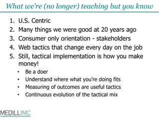 What we’re (no longer) teaching but you knowU.S. Centric Many things we were good at 20 years agoConsumer only orientation - stakeholdersWeb tactics that change every day on the jobStill, tactical implementation is how you make money!Be a doerUnderstand where what you’re doing fitsMeasuring of outcomes are useful tacticsContinuous evolution of the tactical mix