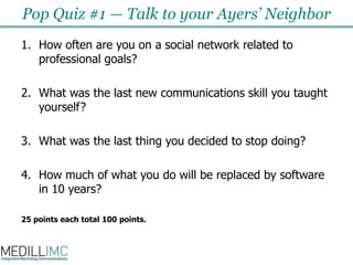 Pop Quiz #1 — Talk to your Ayers’ NeighborHow often are you on a social network related to professional goals?What was the last new communications skill you taught yourself?What was the last thing you decided to stop doing?How much of what you do will be replaced by software  in 10 years?25 points each total 100 points.