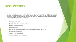 Social Measures
 Social variables refer to social dimensions of a community or region and could
include measurements of education, equity and access to social resources, health
and well-being, quality of life, and social capital. The examples listed below are a
small snippet of potential variables:
 Unemployment rate
 Female labor force participation rate
 Median household income
 Relative poverty
 Percentage of population with a post-secondary degree or certificate
 Average commute time
 Violent crimes per capita
 Health-adjusted life expectancy
 