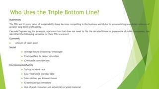 Who Uses the Triple Bottom Line?
Businesses
The TBL and its core value of sustainability have become compelling in the business world due to accumulating anecdotal evidence of
greater long-term profitability.
Cascade Engineering, for example, a private firm that does not need to file the detailed financial paperwork of public companies, has
identified the following variables for their TBL scorecard:
Economic
 Amount of taxes paid
Social
 Average hours of training/ employee
 From welfare to career retention
 Charitable contributions
Environmental/Safety
 Safety incident rate
 Lost/restricted workday rate
 Sales dollars per kilowatt hours
 Greenhouse gas emissions
 Use of post-consumer and industrial recycled material
 
