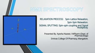 RELAXATION PROCESS: Spin-Lattice Relaxation,
Spin-Spin Relaxation.
SIGNAL SPLITTING: Spin-spin coupling and Signal
Multiplicity.
Presented By: Ayesha Nazeer, I MPharm (Dept. of
Pharmacology)
Srinivas College Of Pharmacy, Mangalore.
 