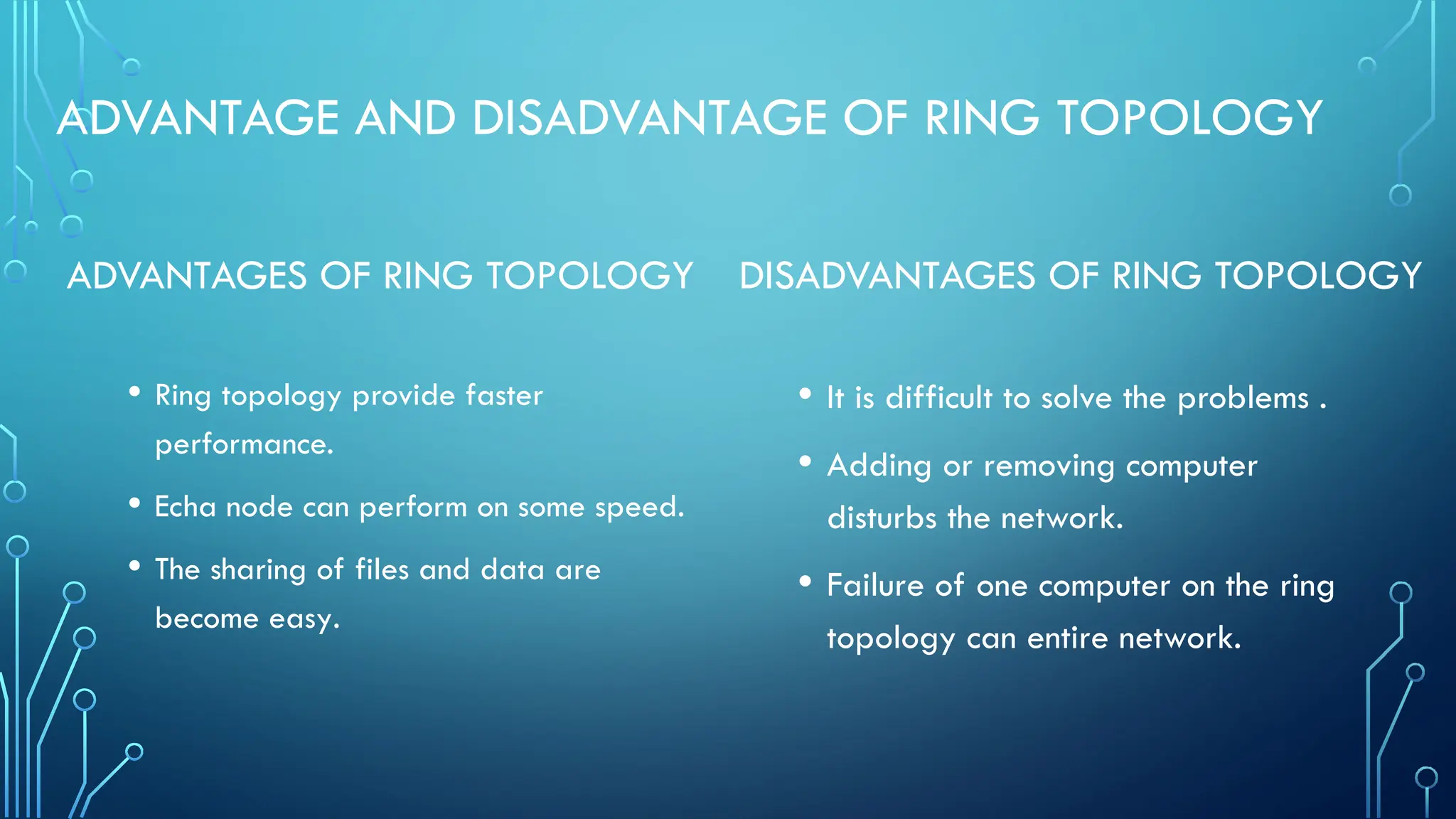 ADVANTAGE AND DISADVANTAGE OF RING TOPOLOGY
ADVANTAGES OF RING TOPOLOGY
• Ring topology provide faster
performance.
• Echa node can perform on some speed.
• The sharing of files and data are
become easy.
DISADVANTAGES OF RING TOPOLOGY
• It is difficult to solve the problems .
• Adding or removing computer
disturbs the network.
• Failure of one computer on the ring
topology can entire network.
 