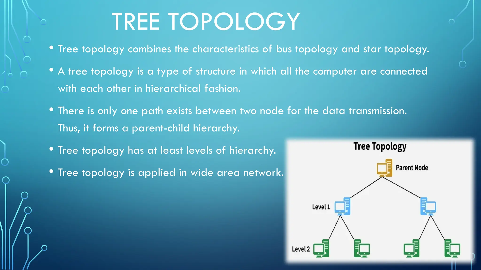 TREE TOPOLOGY
• Tree topology combines the characteristics of bus topology and star topology.
• A tree topology is a type of structure in which all the computer are connected
with each other in hierarchical fashion.
• There is only one path exists between two node for the data transmission.
Thus, it forms a parent-child hierarchy.
• Tree topology has at least levels of hierarchy.
• Tree topology is applied in wide area network.
 