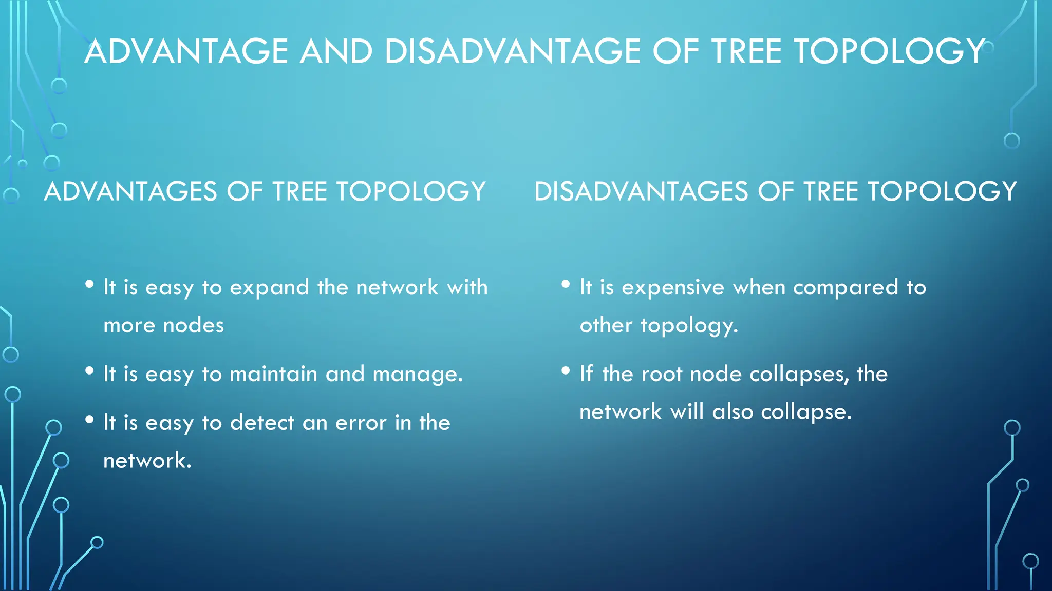 ADVANTAGE AND DISADVANTAGE OF TREE TOPOLOGY
ADVANTAGES OF TREE TOPOLOGY
• It is easy to expand the network with
more nodes
• It is easy to maintain and manage.
• It is easy to detect an error in the
network.
DISADVANTAGES OF TREE TOPOLOGY
• It is expensive when compared to
other topology.
• If the root node collapses, the
network will also collapse.
 