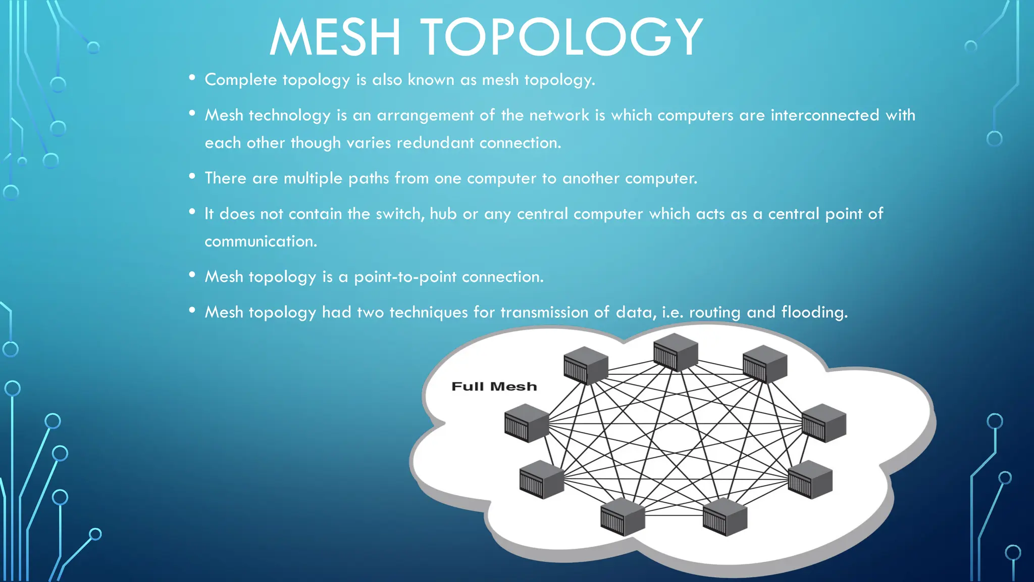 MESH TOPOLOGY
• Complete topology is also known as mesh topology.
• Mesh technology is an arrangement of the network is which computers are interconnected with
each other though varies redundant connection.
• There are multiple paths from one computer to another computer.
• It does not contain the switch, hub or any central computer which acts as a central point of
communication.
• Mesh topology is a point-to-point connection.
• Mesh topology had two techniques for transmission of data, i.e. routing and flooding.
 