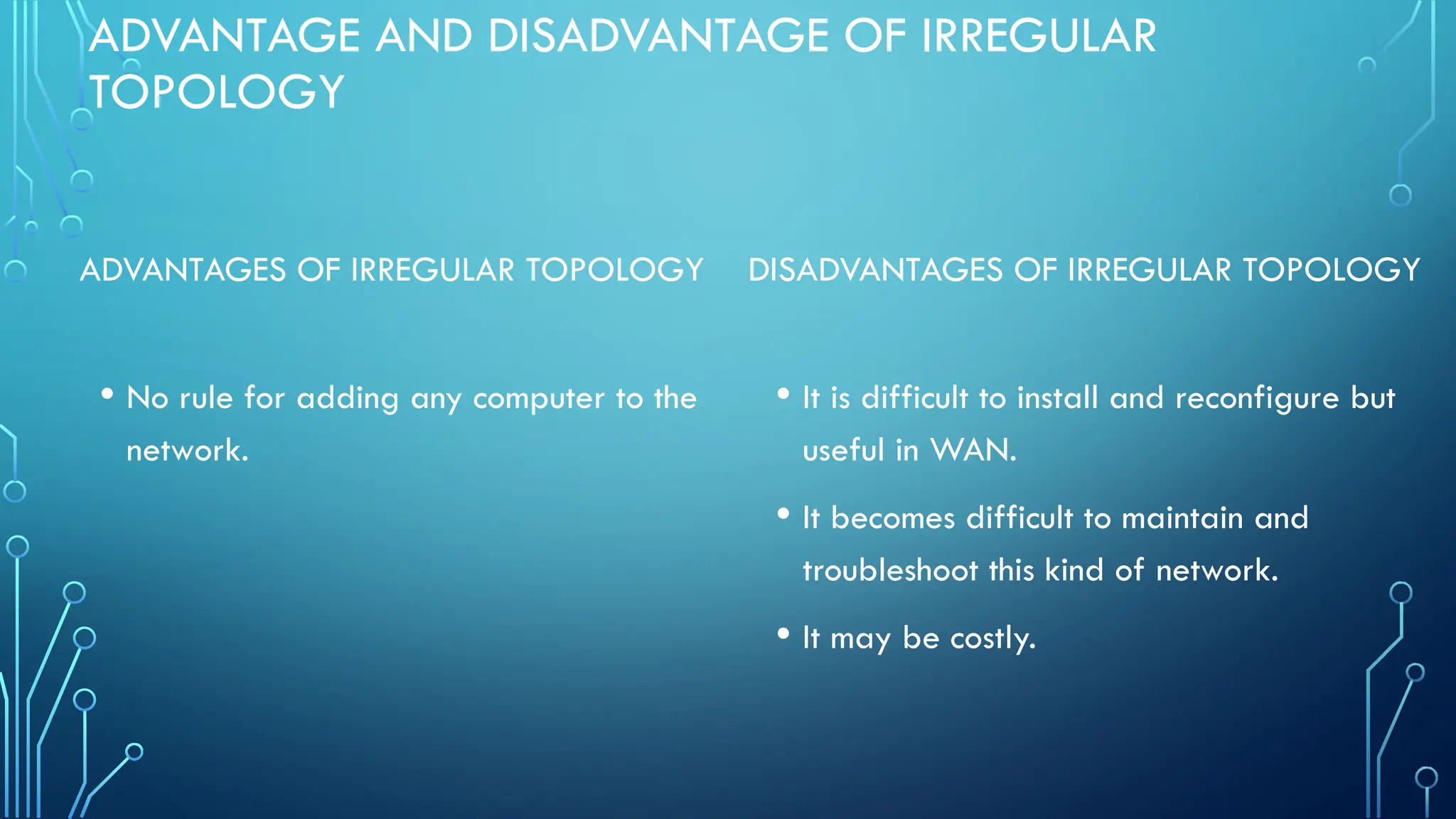 ADVANTAGE AND DISADVANTAGE OF IRREGULAR
TOPOLOGY
ADVANTAGES OF IRREGULAR TOPOLOGY
• No rule for adding any computer to the
network.
DISADVANTAGES OF IRREGULAR TOPOLOGY
• It is difficult to install and reconfigure but
useful in WAN.
• It becomes difficult to maintain and
troubleshoot this kind of network.
• It may be costly.
 