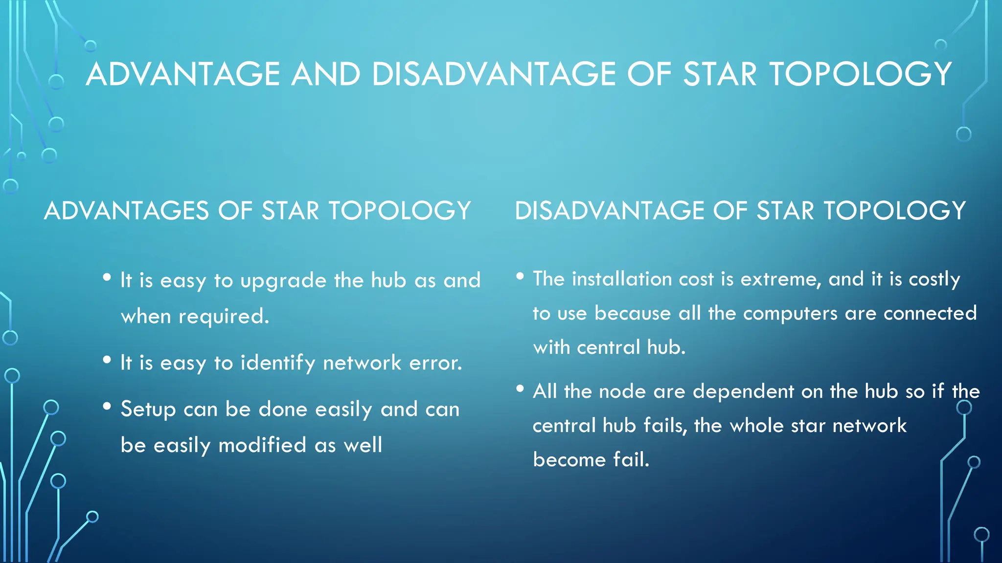 ADVANTAGE AND DISADVANTAGE OF STAR TOPOLOGY
ADVANTAGES OF STAR TOPOLOGY
• It is easy to upgrade the hub as and
when required.
• It is easy to identify network error.
• Setup can be done easily and can
be easily modified as well
DISADVANTAGE OF STAR TOPOLOGY
• The installation cost is extreme, and it is costly
to use because all the computers are connected
with central hub.
• All the node are dependent on the hub so if the
central hub fails, the whole star network
become fail.
 