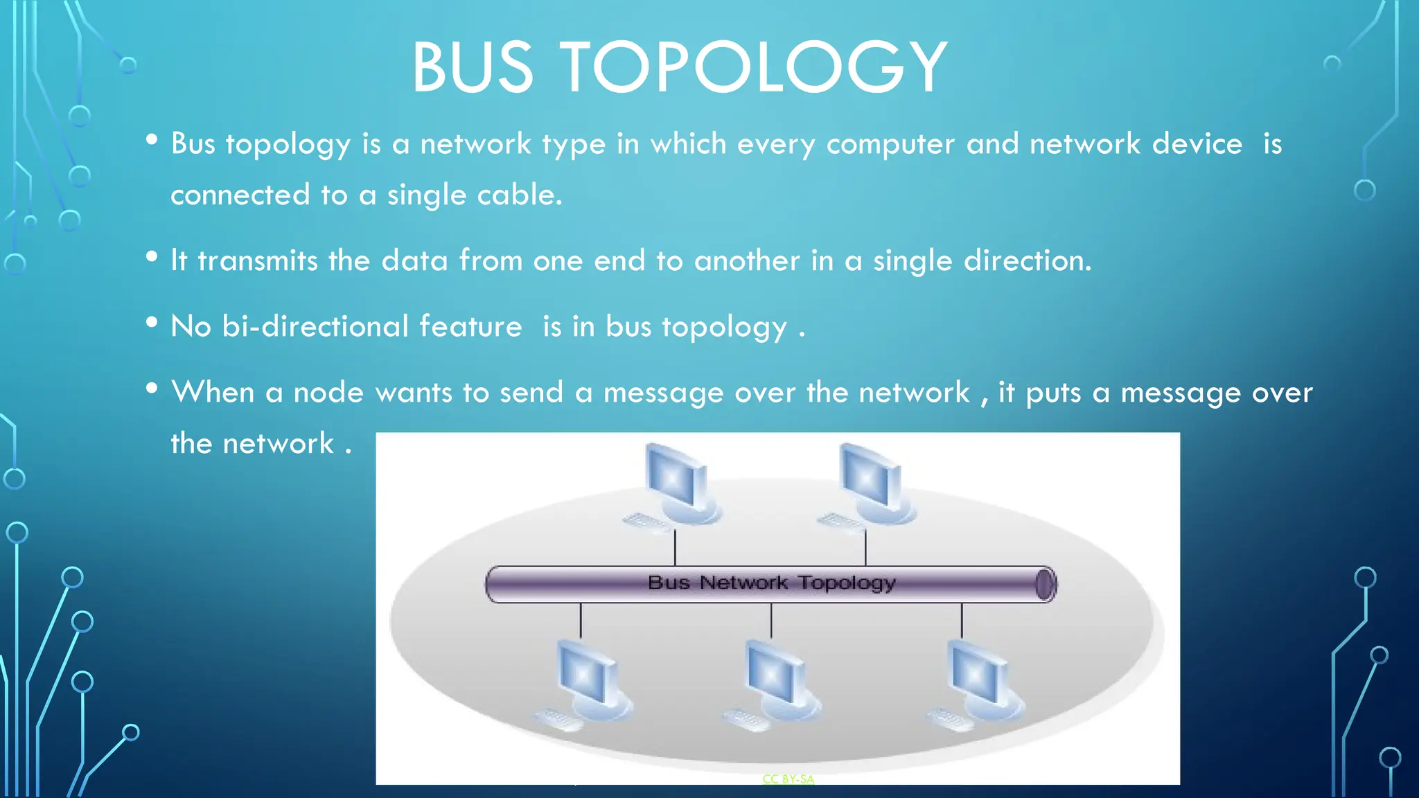 BUS TOPOLOGY
• Bus topology is a network type in which every computer and network device is
connected to a single cable.
• It transmits the data from one end to another in a single direction.
• No bi-directional feature is in bus topology .
• When a node wants to send a message over the network , it puts a message over
the network .
This Photo by Unknown Author is licensed under CC BY-SA
 