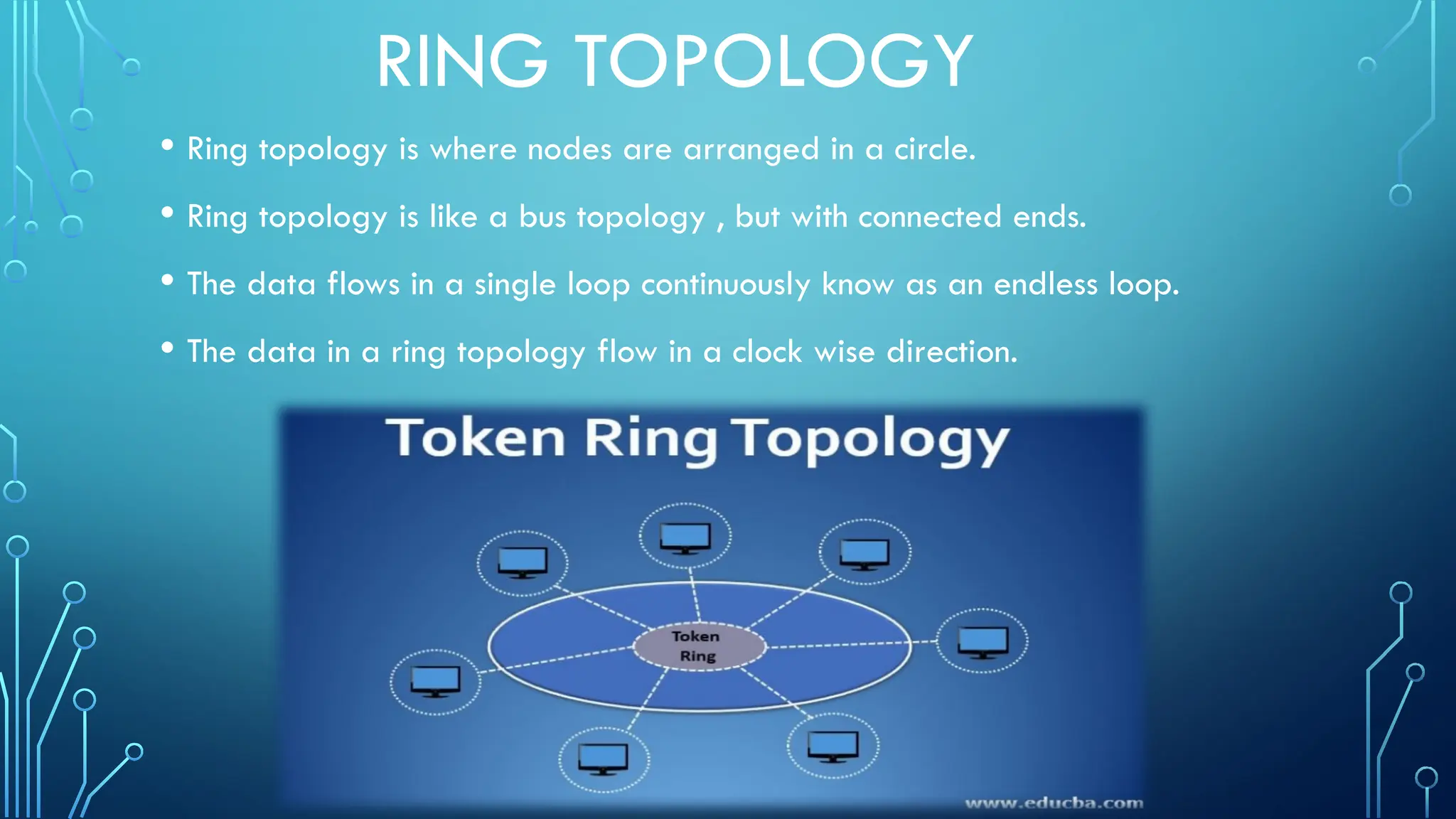 RING TOPOLOGY
• Ring topology is where nodes are arranged in a circle.
• Ring topology is like a bus topology , but with connected ends.
• The data flows in a single loop continuously know as an endless loop.
• The data in a ring topology flow in a clock wise direction.
 