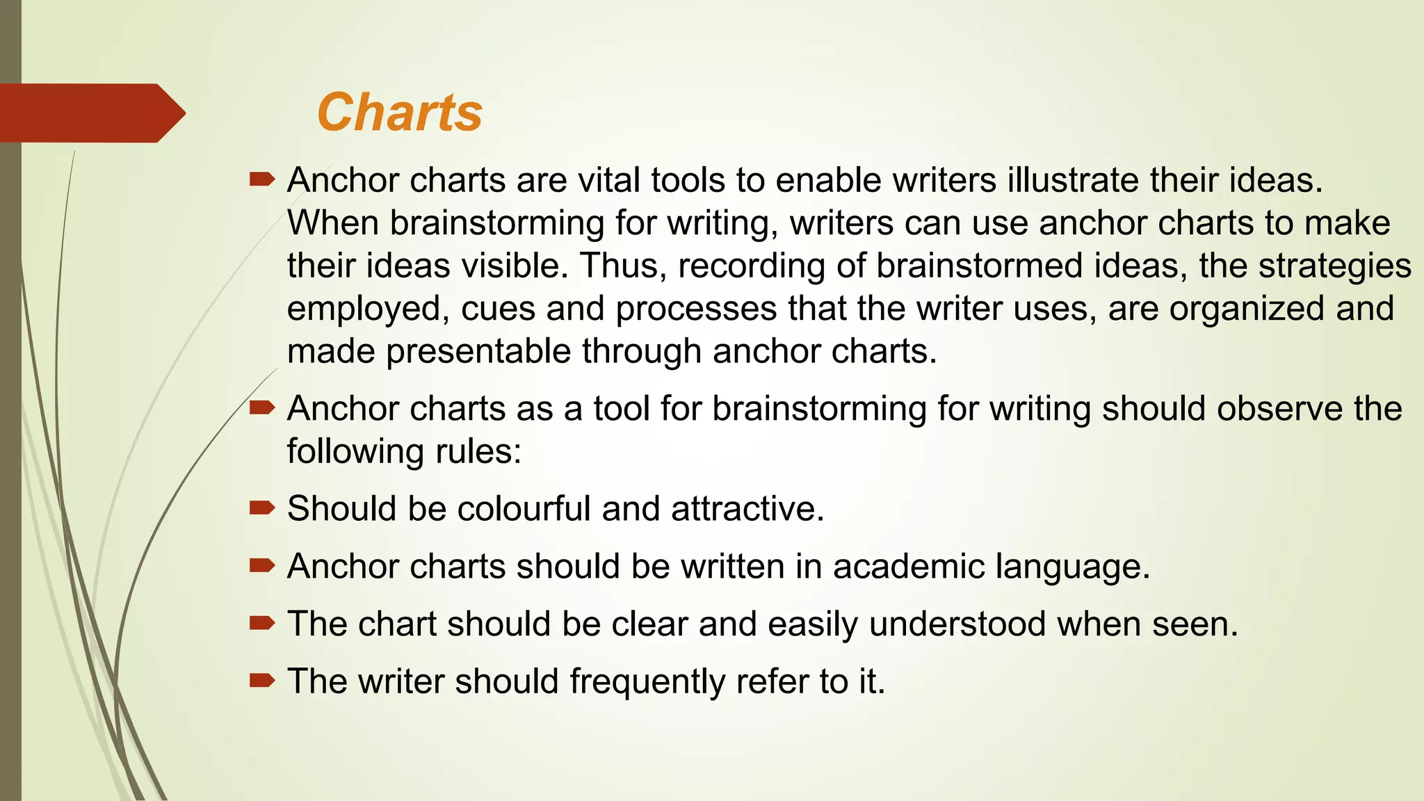 Charts
 Anchor charts are vital tools to enable writers illustrate their ideas.
When brainstorming for writing, writers can use anchor charts to make
their ideas visible. Thus, recording of brainstormed ideas, the strategies
employed, cues and processes that the writer uses, are organized and
made presentable through anchor charts.
 Anchor charts as a tool for brainstorming for writing should observe the
following rules:
 Should be colourful and attractive.
 Anchor charts should be written in academic language.
 The chart should be clear and easily understood when seen.
 The writer should frequently refer to it.
 