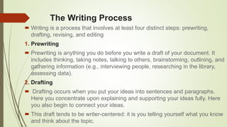 The Writing Process
 Writing is a process that involves at least four distinct steps: prewriting,
drafting, revising, and editing
1. Prewriting
 Prewriting is anything you do before you write a draft of your document. It
includes thinking, taking notes, talking to others, brainstorming, outlining, and
gathering information (e.g., interviewing people, researching in the library,
assessing data).
2. Drafting
 Drafting occurs when you put your ideas into sentences and paragraphs.
Here you concentrate upon explaining and supporting your ideas fully. Here
you also begin to connect your ideas.
 This draft tends to be writer-centered: it is you telling yourself what you know
and think about the topic.
 