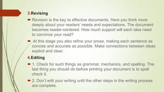 3.Revising
 Revision is the key to effective documents. Here you think more
deeply about your readers’ needs and expectations. The document
becomes reader-centered. How much support will each idea need
to convince your read?
 At this stage you also refine your prose, making each sentence as
concise and accurate as possible. Make connections between ideas
explicit and clear.
4.Editing
 1. Check for such things as grammar, mechanics, and spelling. The
last thing you should do before printing your document is to spell
check it.
 2. Don’t edit your writing until the other steps in the writing process
are complete.
 